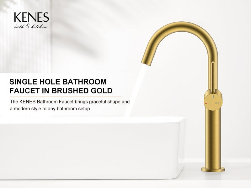 KENES Brushed Gold Tall Bathroom Faucet, Single Handle Vessel Sink Faucet Single Hole, Modern Bathroom Vanity Faucet with Pop Up Drain and Supply Lines, KE-9005C-4 - Image 2